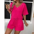 thumbnail image 1 of LLYWEY Vacation Outfits for Women Summer 2 Piece Outfits Sets Solid Color Casual Loose V-Neck Short Sleeve Tops & Drawstring Shorts Sets New-27 Pinky M, 1 of 6