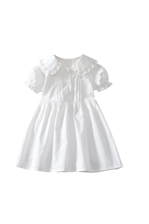 White Dress for Girls, Collared Ruffle Short Sleeve Lace Dresses, Toddler Kids Elegant Lace A-Line Formal Wedding Party Dresses for 2-14 Years, Style BY-14, White, 3T