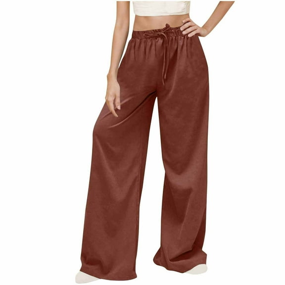 LLYWEY Wide Leg Flowy Pants for Women Solid Elastic High Waisted Drawstring Casual Loose Long Pants Trousers with Pockets LL-5 Wine XL