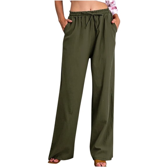 LLYWEY Wide Leg Linen Pants for Women Plus Size High Waist Drawstring Summer Beach Pants Solid Color Casual Loose Elastic Waist Pull On Pants Long Trousers with Pocket Style-T-15, Green-2 S