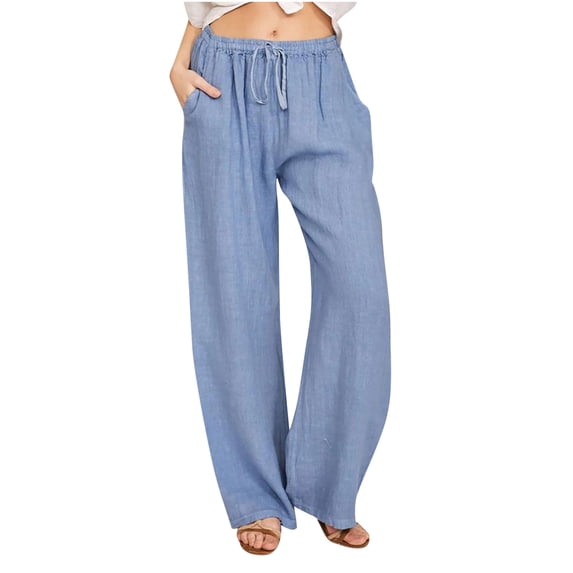 LLYWEY Wide Leg Linen Pants for Women Plus Size High Waist Drawstring Summer Beach Pants Solid Color Casual Loose Elastic Waist Pull On Pants Long Trousers with Pocket Style-T-15, Light Blue 4XL