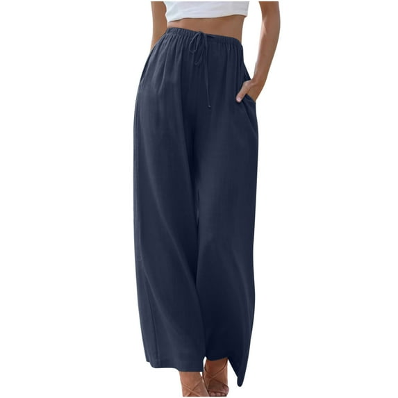 LLYWEY Wide Leg Linen Pants for Women Drawstring High Waisted Casual Loose Straight Pants with Pockets Style-T-6, Navy L