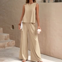 LLYWEY Wide Leg Pants Sets Women 2 Piece Outfits Summer Casual Loose Crew Neck Sleeveless Tank Tops and Elastic Waist Pull on Long Pants Two Piece Outfit Sets New-20 Beige XXL