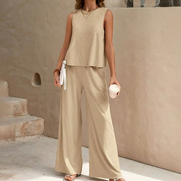 LLYWEY Wide Leg Pants Sets Women 2 Piece Outfits Summer Casual Loose Crew Neck Sleeveless Tank Tops and Elastic Waist Pull on Long Pants Two Piece Outfit Sets New-20 Beige XXL