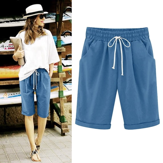 LLYWEY Women Bermuda Long Shorts with Pockets Women's Plus Size Drawstring Elastic Waist Knee Length Shorts for Summer Solid Color Pull on Short Pants, Style ST-20, Blue, 5XL