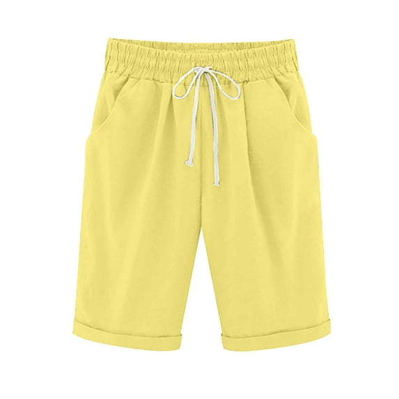 LLYWEY Women Bermuda Long Shorts with Pockets Women's Plus Size Drawstring Elastic Waist Knee Length Shorts for Summer Solid Color Pull on Short Pants, Style ST-20, Yellow, XL