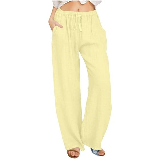 LLYWEY Women Drawstring Linen Beach Pants, Women's Cotton Linen Pants, Summer Wide Leg Casual Loose High Waist Long Pants Trousers with Pockets Style-T-47, Yellow XXL