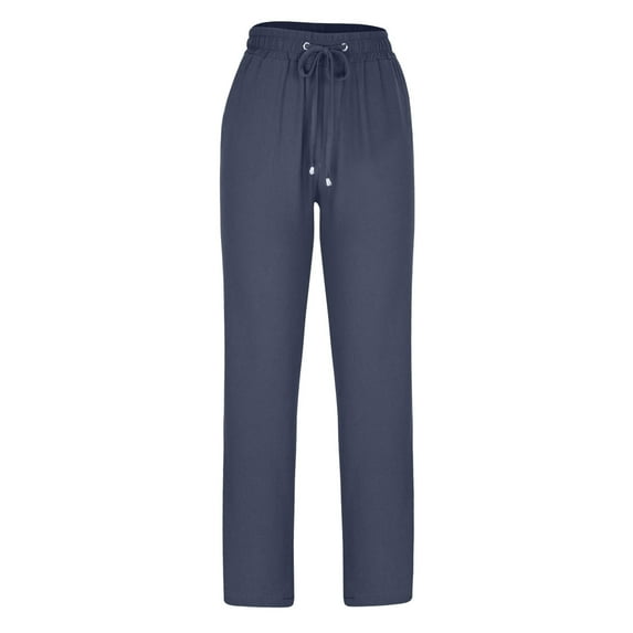 LLYWEY Women Linen Pants , Ladies Cotton Linen Casual Straight Leg Long Pants , Female Drawstring Elastic Waist Summer Beach Trousers with Pockets Style-T-53, Navy L