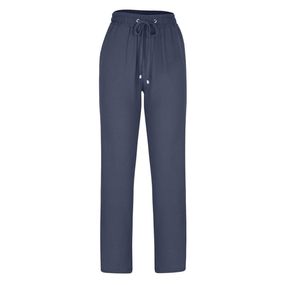 LLYWEY Women Linen Pants , Ladies Cotton Linen Casual Straight Leg Long Pants , Female Drawstring Elastic Waist Summer Beach Trousers with Pockets Style-T-53, Navy L