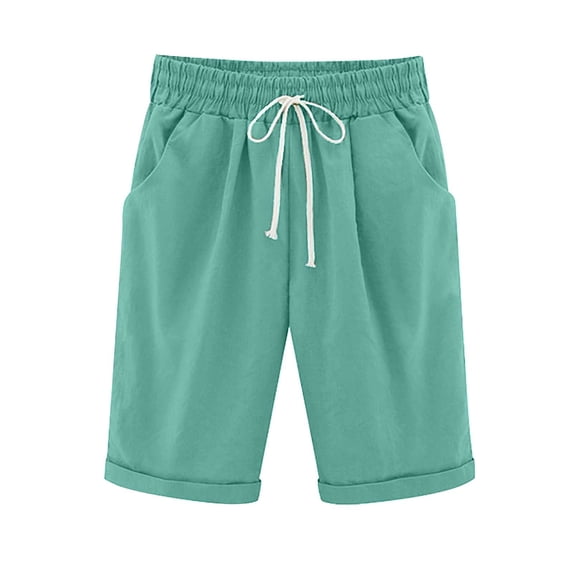 LLYWEY Women's Plus Size Bermuda Long Shorts with Pockets Drawstring Elastic High Waisted Stretch Knee Length Shorts for Women Summer Walking, Style ST-21, Green, XL