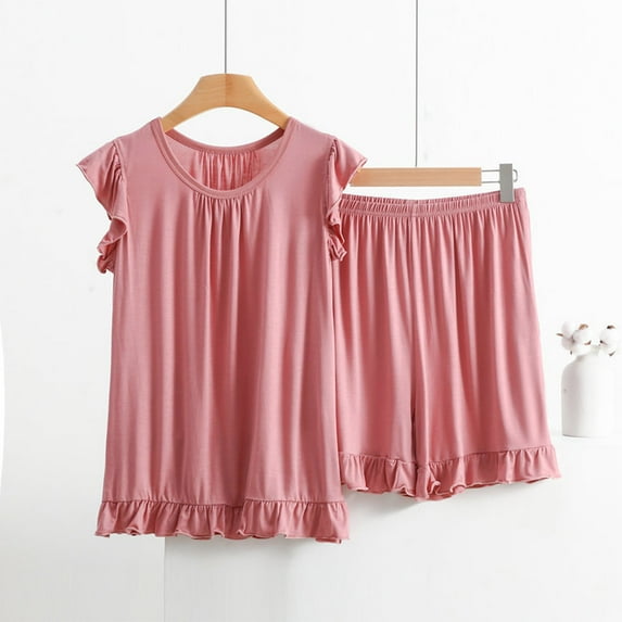 LLYWEY Women’s Plus Size Pajamas Sets - Summer Ruffle Sleeveless Tank Tops with Shorts 2 Piece Outfits Solid Color Casual Loose Soft Pjs Sets New-17 Pinks 8XL