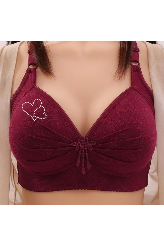 Women’s Plus Size Push-up Bras, Ruched Front Wireless Full Coverage Bras No Underwire Rhinestone Heart Pattern Solid Comfortable Lace Everyday Bralettes