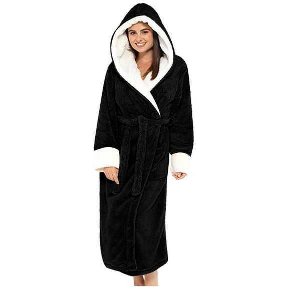 LLYWEY Women's Robe - Soft Fuzzy Fleece Long Bathrobe for Women Solid Color Winter Warm Fleece Lined Hooded Robe with Belted Side Pockets