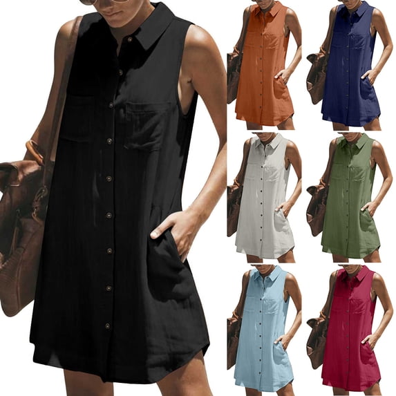 LLYWEY Women's Sleeveless Shirt Dress - Soft Linen Button-up Collared Knee Length Dress with Pockets for Office Work Business Casual