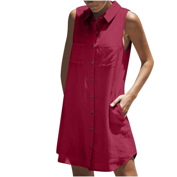 LLYWEY Women's Sleeveless Shirt Dress - Soft Linen Button-up Collared Knee Length Dress with Pockets for Office Work Business Casual