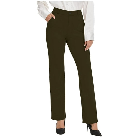 LLYWEY Womens Dress Pants, Business Casual Pants, High Waisted Work Office Straight Leg Pants Stretchy Button Long Trousers with Pockets LL-11 Green-a M