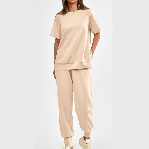 LLYWEY Womens Short Sleeve Sweatshirt Set , Casual Loose Crew Neck Short Sleeve Sweatshirts Joggers Sets Sweatpants with Pockets 2 Piece Outfits New-22 Beige M