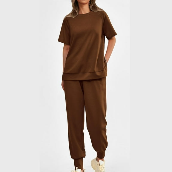 LLYWEY Womens Short Sleeve Sweatshirt Set , Casual Loose Crew Neck Short Sleeve Sweatshirts Joggers Sets Sweatpants with Pockets 2 Piece Outfits New-22 Brown M