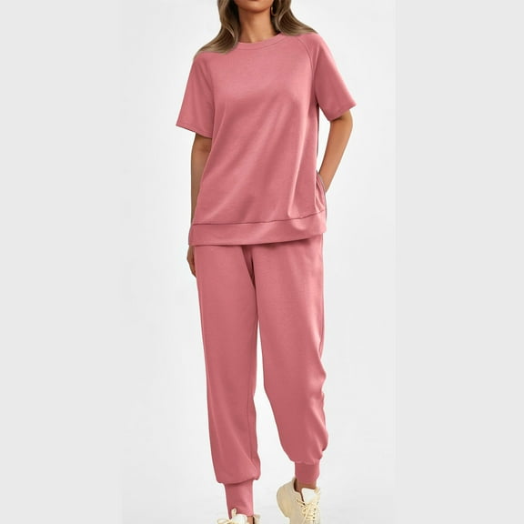 LLYWEY Womens Short Sleeve Sweatshirt Set , Casual Loose Crew Neck Short Sleeve Sweatshirts Joggers Sets Sweatpants with Pockets 2 Piece Outfits New-22 Pinky S