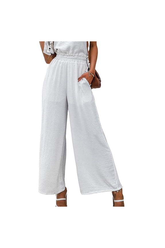Womens Wide Leg Dress Pockets Lightweight Linen Ruffle High Waisted Casual Loose Long Business Casual Work Pants Style-T-7 3XL