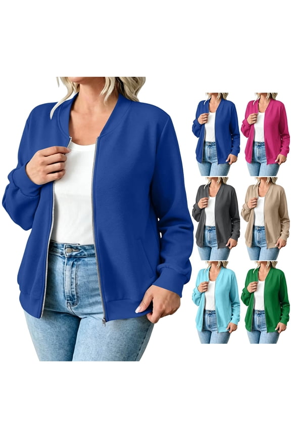 Womens Zip-up Fleece Sweatshirt, Front Full Zipper Jackets No Hood, Fall Casual Loose Long Sleeve Sweatshirt with Side Pockets Blue M