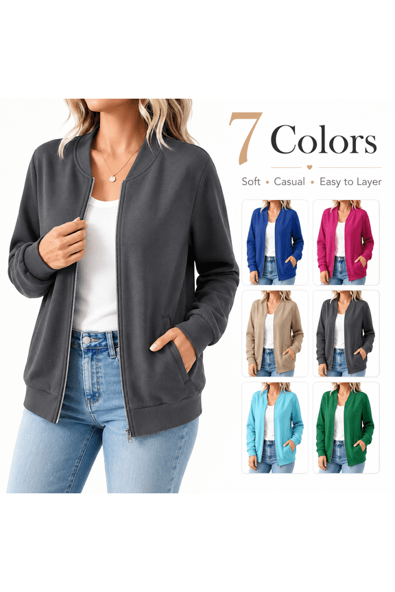 Womens Zip-up Fleece Sweatshirt, Front Full Zipper Jackets No Hood, Fall Casual Loose Long Sleeve Sweatshirt with Side Pockets Dark Gray L