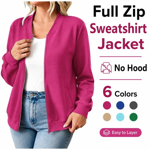 LLYWEY Women's Fleece Zip Up Sweatshirt Jacket No Hood, Long Sleeve Casual Fall Outerwear with Side Pockets, Pinky, M