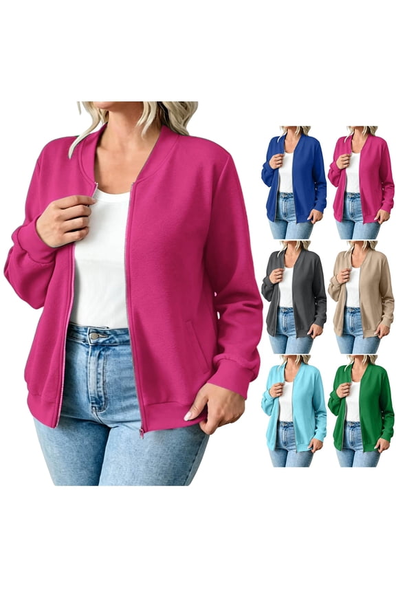Womens Zip-up Fleece Sweatshirt, Front Full Zipper Jackets No Hood, Fall Casual Loose Long Sleeve Sweatshirt with Side Pockets Pinky S