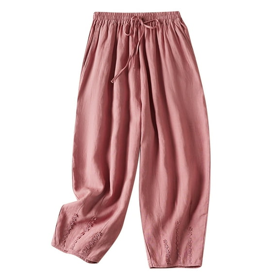 LLYwey Baseball Pants Adult Women's Solid Color Casual Elastic Waist Capris Pants Cotton and Linen Plus Size Pants Drawstring Pants Female Long Pant Style H2737 Pinks L