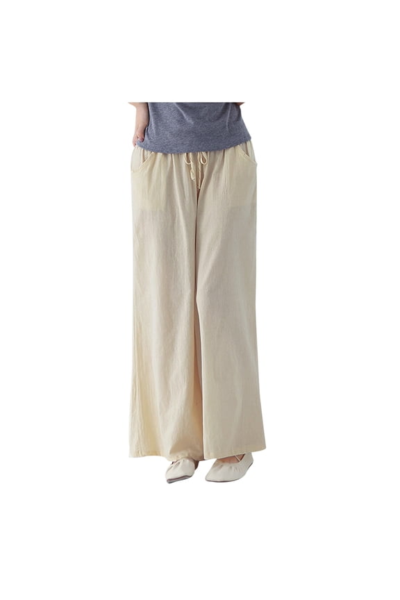 Baseball Pants Women's Pants Oversized Thin Wide Leg Pants High Waisted Casual Loose Straight Leg Cotton and Linen Pants Capris Pants Female Long Pant Style H163 Beige M