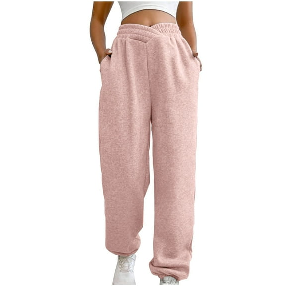 LLYwey Beach Pants Women's Fashion Solid Color Elastic Waist Close Slant Pocket Sweatpants Trousers Straight Leg Pants Female Long Pant Style H119 Pinks S