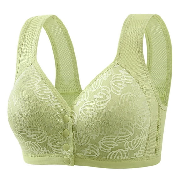LLYwey Bras for Women Front Closure No Wire Non Underwire Style Printed Push up Middle Button Breathable Underwear Daily Bra Big & Tall Size Nylon T-Shirt Bra Style LW-93 Green L