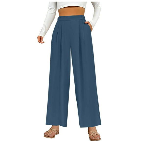 LLYwey Breathable Work Pants For Women Women's Solid Color Non Elastic Loose High Waist Slim Casual Wide Leg Pants Female Cargo Pants Long Pant Style H865 Blue L