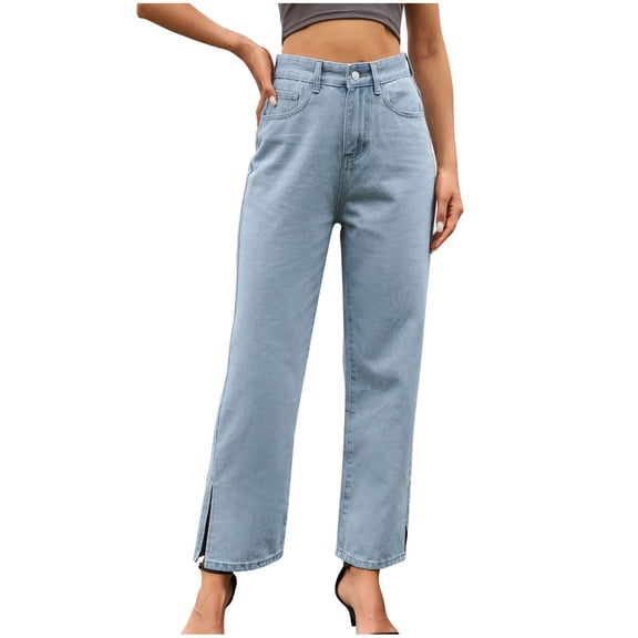 LLYwey Capris Pants For Women Spring and Summer Women's Button Split Solid Fashion Casual Jeans Pants Stretchy Work Pants Female Long Pant Style H1532 Light Blue L