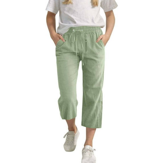 LLYwey Capris Pants for Girls Cotton Linen Trendy 2025 Straight Wide Leg Pants Summer Casual Loose Drawstring Elastic Waist Cropped Trousers with Pockets, Green, 12T