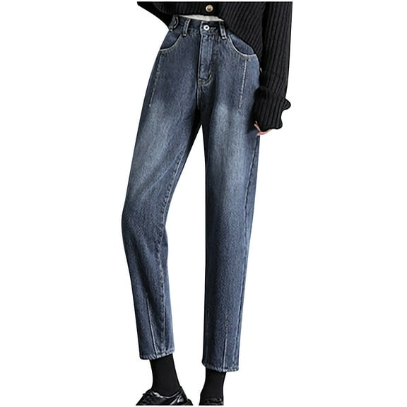 LLYwey Cargo Pants For Women Women's Fashion Leisure High Waisted Plush and Thick Wide Legs Denim Pants Female Pants Long Pant Style H2856 Gray XXL