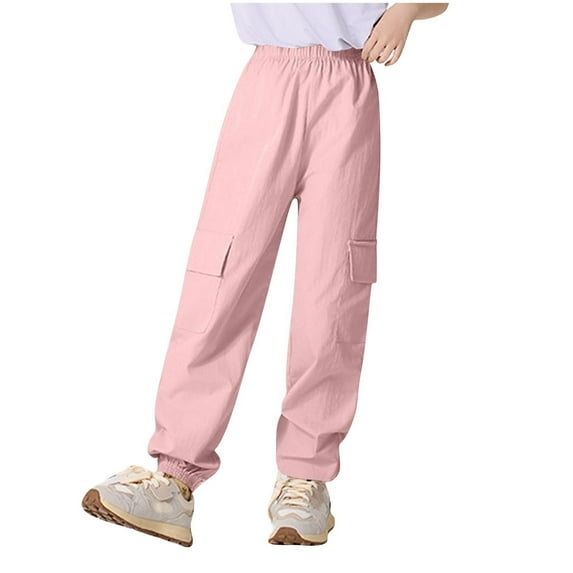 LLYwey Cargo Pants for Girls Boys Elastic High Waist Joggers Pants Toddler Kids Casual Loose Solid Color Pull on Straight Leg Long Trousers with Pockets, New-Md52, Pinks, 7T