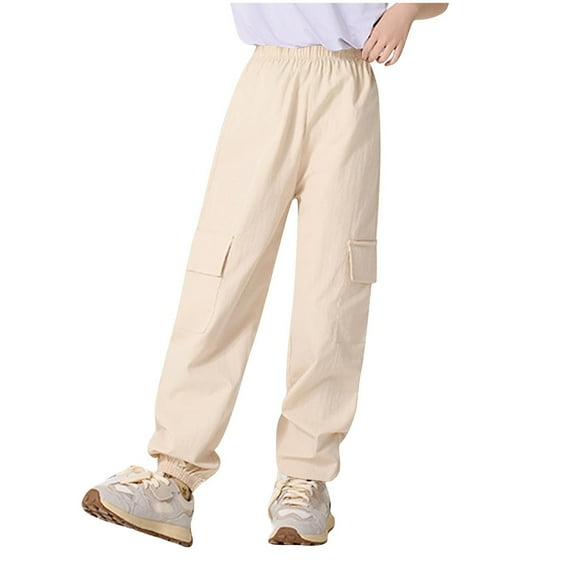 LLYwey Cargo Pants for Girls Boys Elastic High Waist Joggers Pants Toddler Kids Casual Loose Solid Color Pull on Straight Leg Long Trousers with Pockets, New-Md52, Beige, 9T
