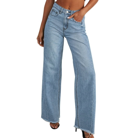 LLYwey Cargo Pants for Women Ladies New Fashionable and Casual Solid Color High Waistband Pocket Comfortable Straight Leg Wide Leg Mop Jeans New Full Length Pants Regular Fitted Light Blue M