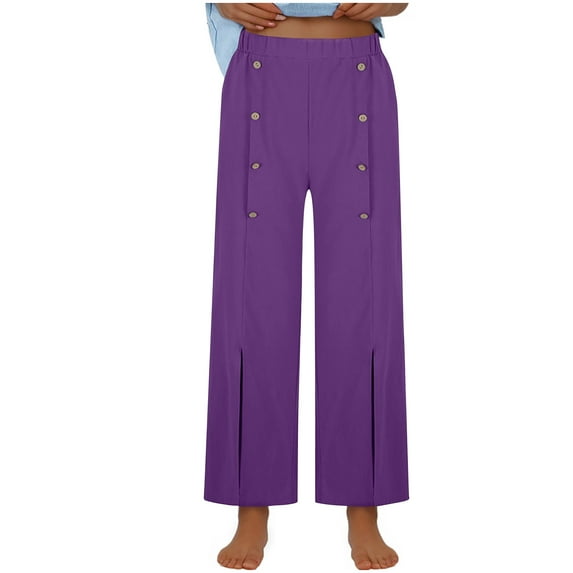 LLYwey Cargo Work Pants For Women Women's Summer Fashionable Solid Color Wide Leg Cotton Breasted Pants Elastic Waist Pants Female Long Pant Style H61 Purples XXL