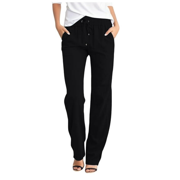 LLYwey Fall Pants for Women 2024 Ladies Casual Slim High Elastic Waist Color Sports and Linen Pants New Full Length Pants Trousers Regular Fitted Black S