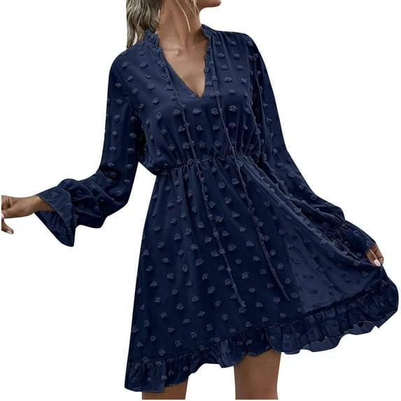 LLYwey Fall Wedding Dresses for Women 2024 Fashion Casual Round Neck Solid Color Ruffle Long Sleeve Belt Dress New Midi Dresses Dark Blue Xl