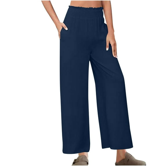 LLYwey Flare Yoga Pants for Women Ladies Loose Casual and Comfortable Solid Color Flower Bud Waist Strap Pants New Full Length Pants Trousers Regular Fitted Navy XXL
