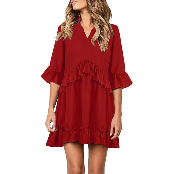 LLYwey s Cocktail Dresses for Women with Sleeves Solid V-Neck Ruffles Half Sleeve Loose Dress New Holiday Dresses Red S