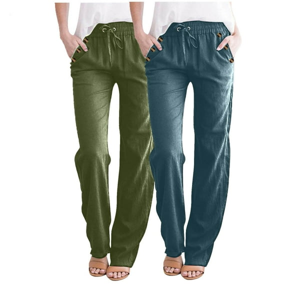 LLYwey s Cotton Sweatpants Women 2Pc Fashion Ladies Casual Solid Color Elastic Loose Pants Straight Wide Leg Trousers with Pocket New Full Length Pants Regular Fitted Green-1 L