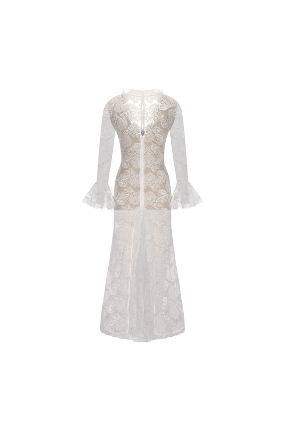 s Flowy Dresses for Women Floral Lace Flared Sleeves V-Neck Wedding Mermaid Dress Dress New Shirts Dresses White L