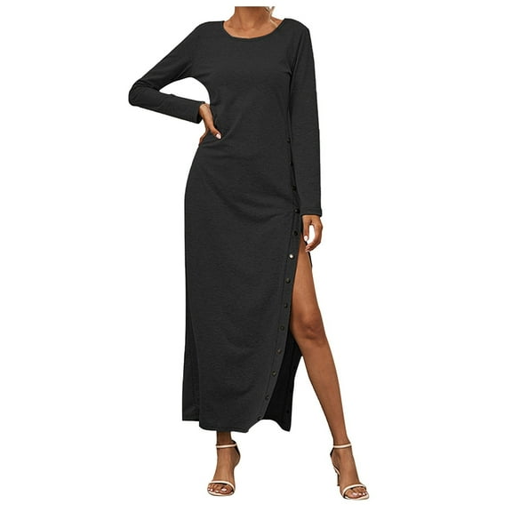 LLYwey s Jeans Dresses for Women 2024 New Fashion Split Button Skirt Color Long Sleeve Dress New Holiday Dresses Black L