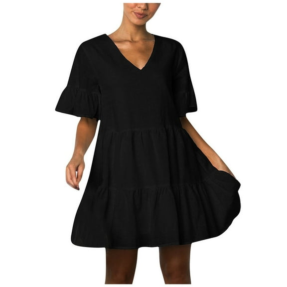 LLYwey s Long Dresses for Women Wedding Guest Fashion Casual Short Sleeve Ruffle Color V-Neck Loose Dress New formal Dresses Black Xxl