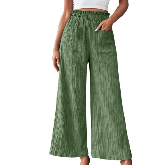 LLYwey s Wide Leg Sweatpants Women Ladies Pocket Summer Elastic Casual Solid Color High Waist Drawstring Elastic Belt Wide Leg Pants New Full Length Pants Regular Fitted Green S