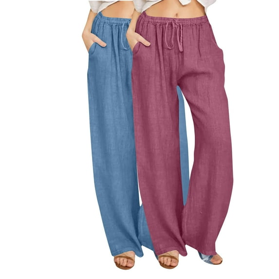 LLYwey Womens Flowy Pants Ladies Casual Trousers Solid Drawstring Waist Long Pants with Pocket New Full Length Pants Regular Fitted Navy L